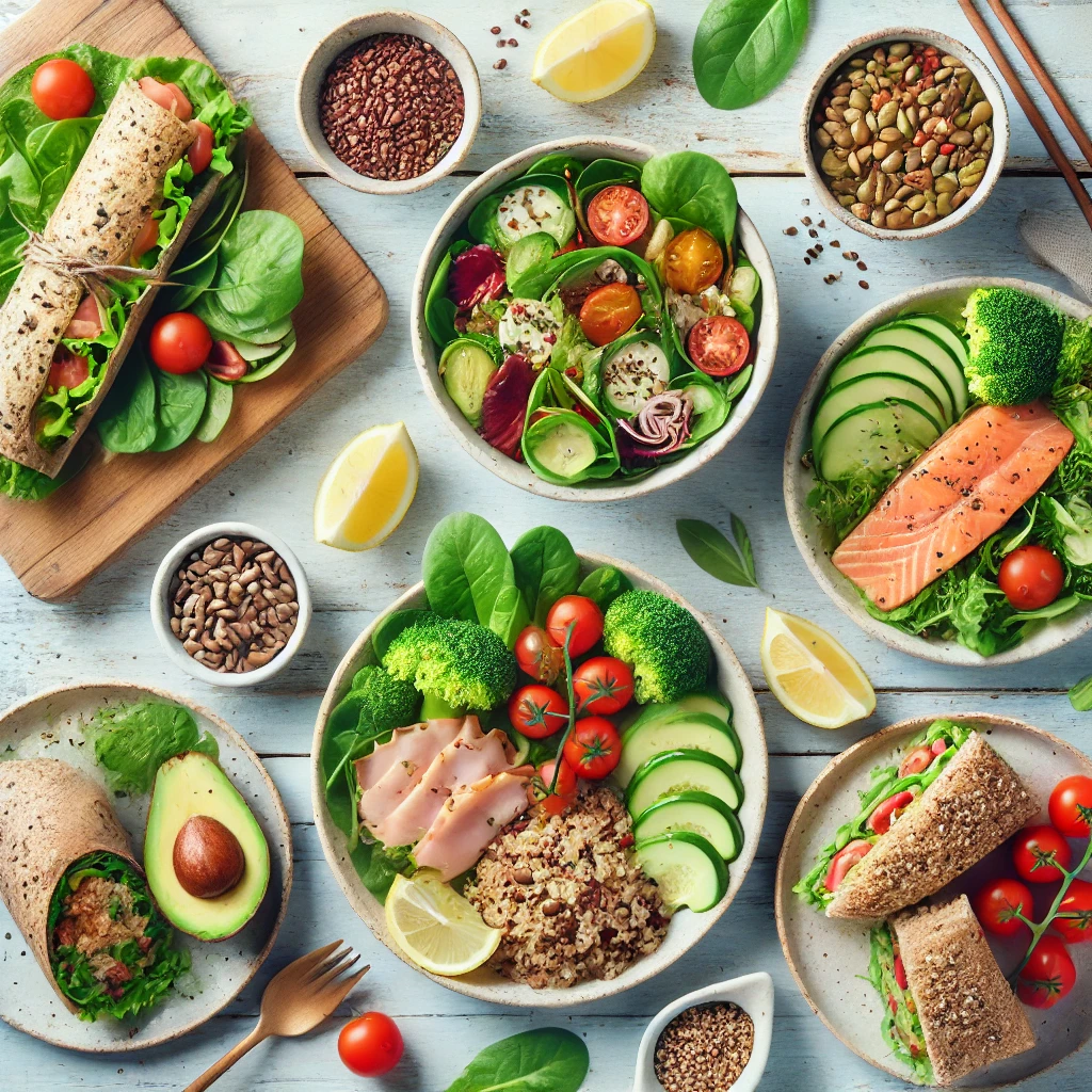 Cinco platos para un almuerzo saludable vistos desde arriba: ensalada de quinoa con vegetales, wrap de pavo, tazón de arroz integral con salmón, lentejas salteadas con verduras y sándwich integral de atún con aguacate, sobre mesa clara con ingredientes frescos.