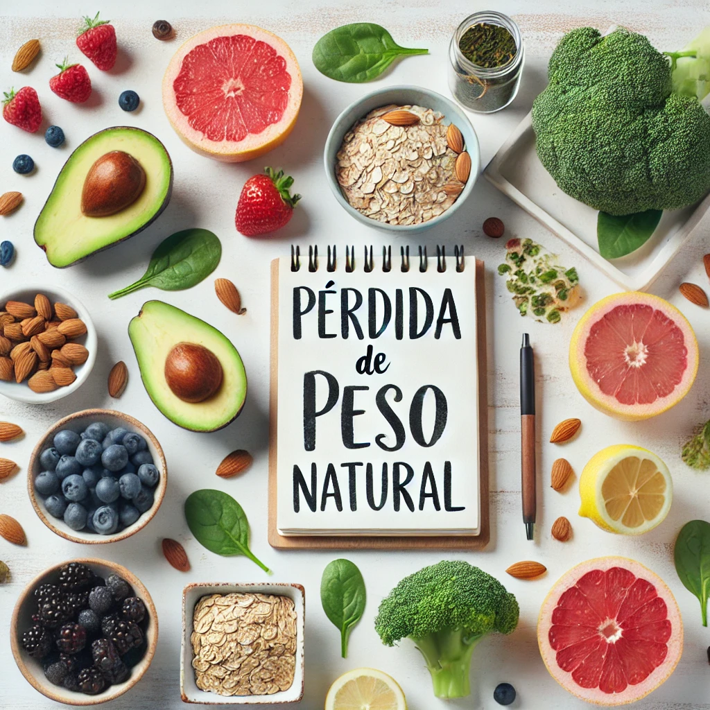 Alimentos que aceleran la pérdida de peso dispuestos en una imagen minimalista sobre fondo blanco, acompañados de una tarjeta con la frase “Pérdida de peso natural”.