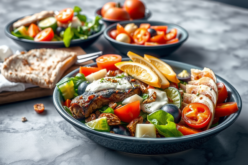 Almuerzo fitness para adelgazar acompañado de verduras, carne y rodajas de limón