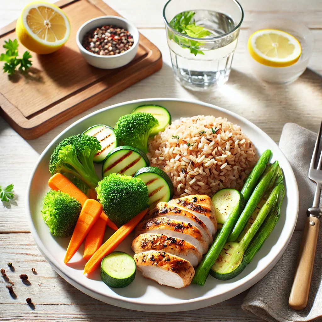 Plato de almuerzo ligero con pollo a la plancha, verduras al vapor y arroz integral, ideal para una dieta saludable y para bajar de peso.