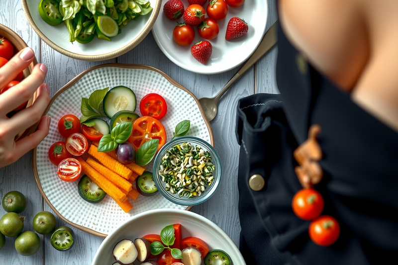 Almuerzos saludables para bajar de peso servidos en varios platos con verduras y frutas