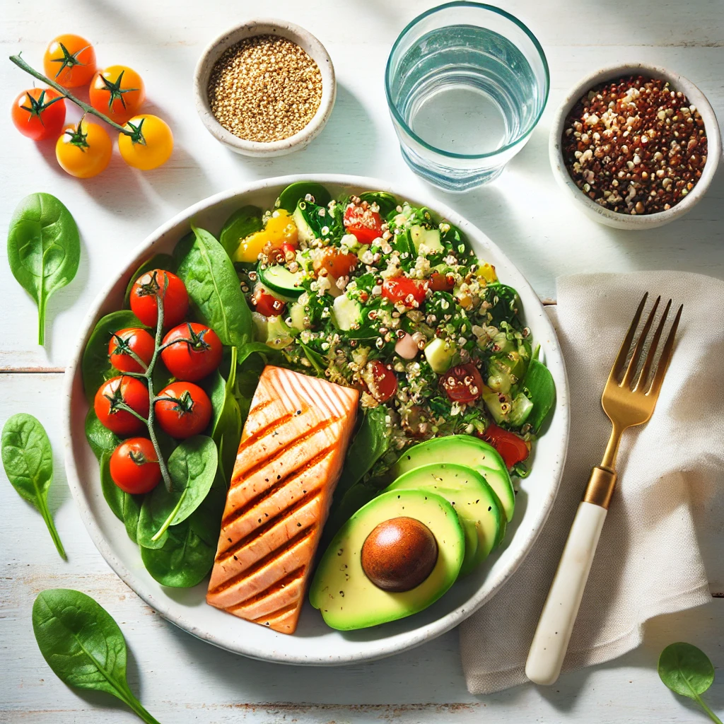 Almuerzos saludables y bajos en calorías: tenemos un plato con salmón a la plancha acompañado de ensalada de quinoa, aguacate y tomates.
