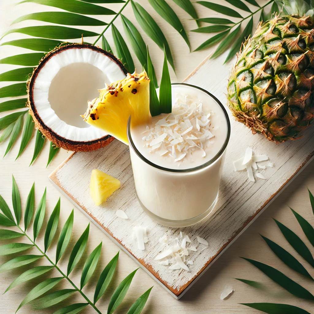 batido de coco sobre tabla de madera decorada con rodajas de piña