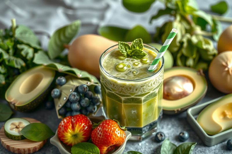 Ideas de batidos verdes: vaso decorado con hojas aromáticas y pajilla sobre una mesa con aguacates, fresas y arándanos.