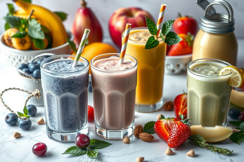 Batidos naturales ideales para bajar de peso servidos en varios vasos con pajillas sobre una mesa decorada con frutas como fresas, moras