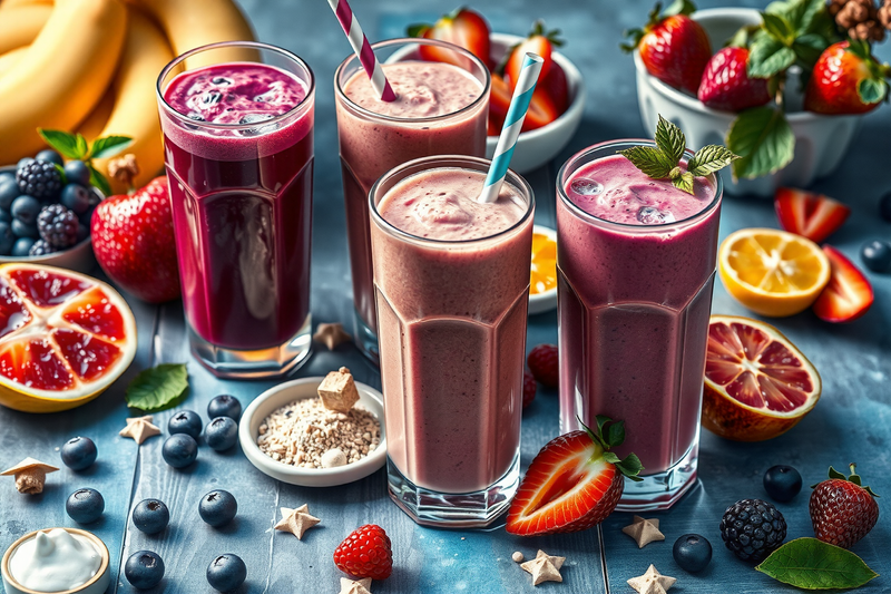 Batidos saludables servidos en varios vasos con pajillas sobre una mesa decorada con frutas