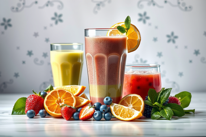 Batidos saludables para quemar grasa servidos en varios vasos de diferentes tamaños sobre un fondo blanco decorados con frutas frescas