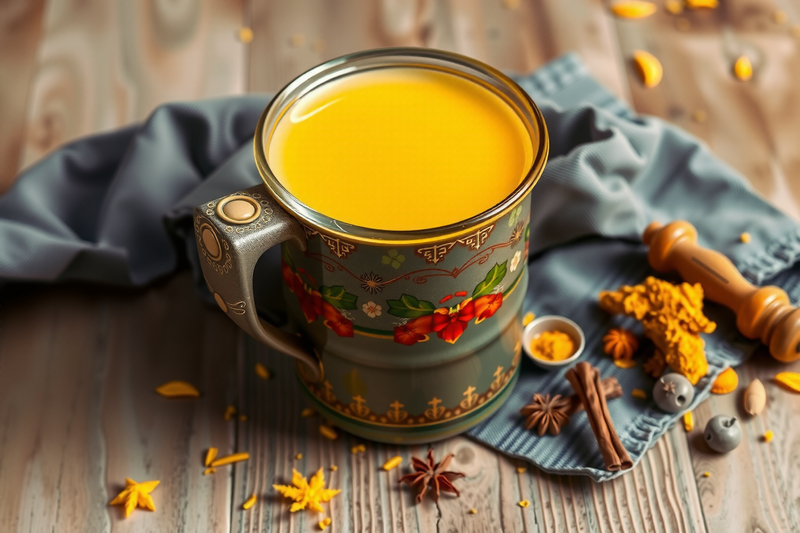 Leche dorada servida en una taza artesanal con ramitas de canela y nuez moscada