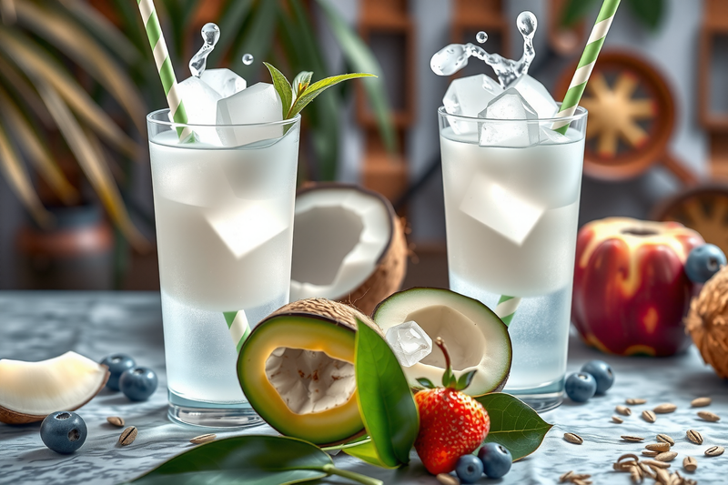 Agua de coco fresca servida en vasos con cubos de hielo y pajillas.