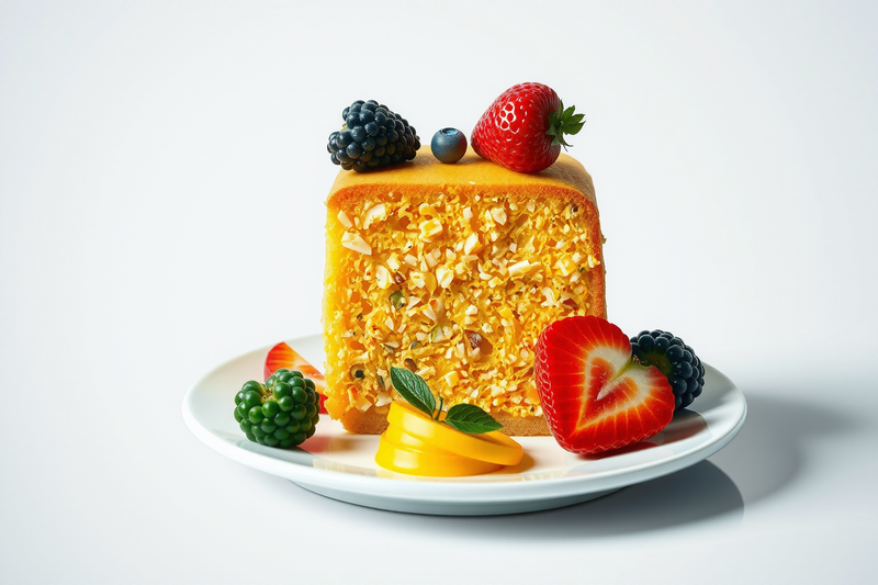 bizcocho fitness bajo en calorías servido en un plato blanco decorado con fresas y moras frescas