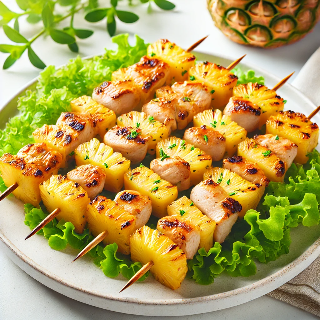 Brochetas de pechuga de pollo con piña sobre hojas de lechuga