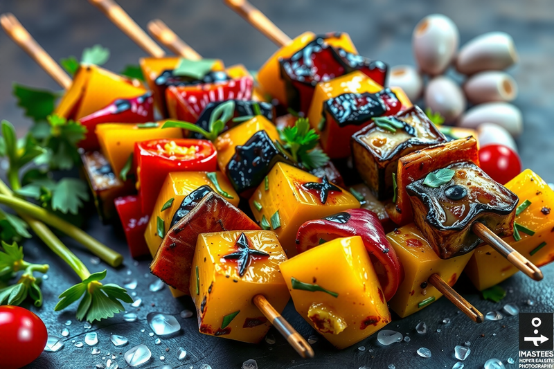 brochetas vegetarianas con pimientos y tomates, decoradas con hierbas aromáticas