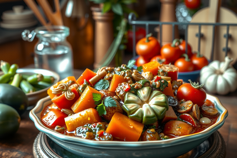 Carbonada vegetariana servida en un plato con varias verduras