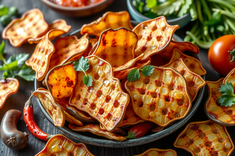 Chips vegetales decorados con hojas aromáticas