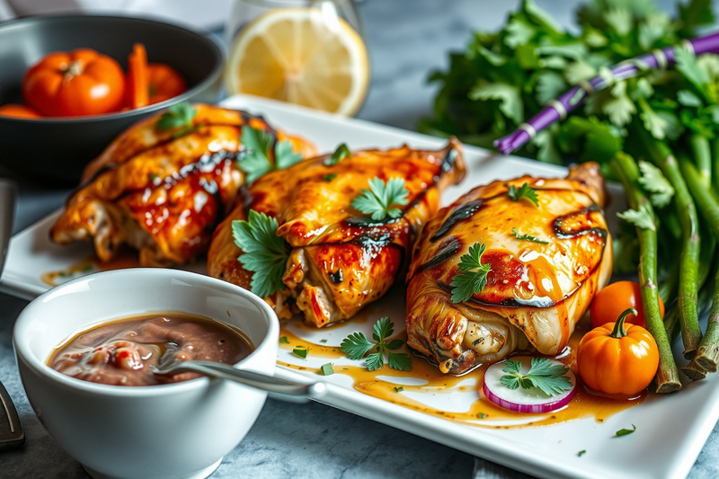 Comidas fit con pollo servidas en una bandeja blanca, con piezas doradas decoradas con salsa y hojas aromáticas