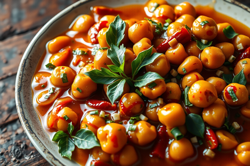 Receta de curry de garbanzos servido con hojas aromáticas frescas
