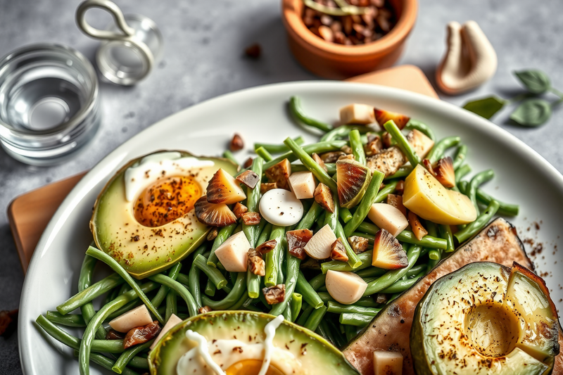 Desayuno keto con aguacate y verduras troceadas