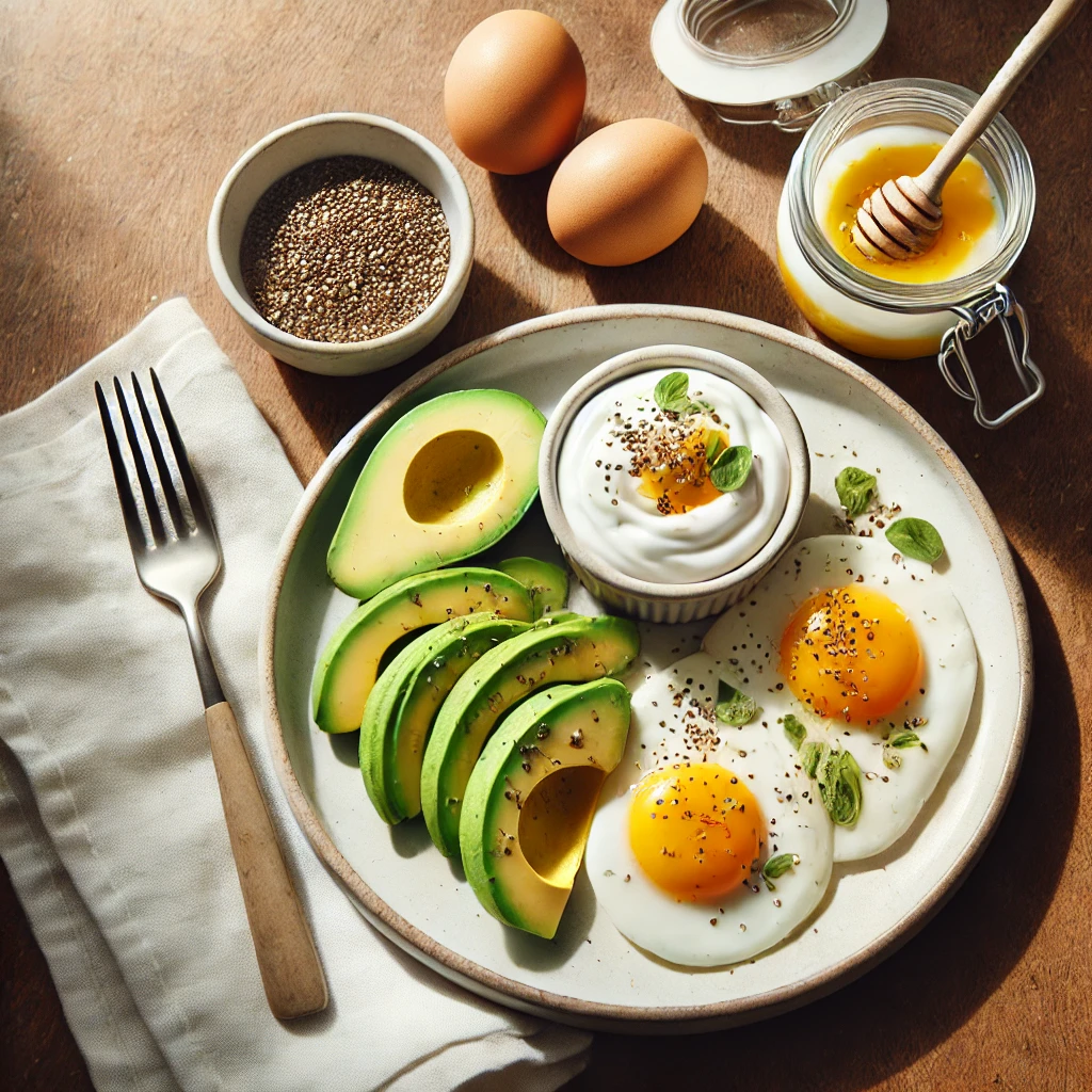 Ideas de desayunos fit con huevo, aguacate y yogurt sobre una mesa de madera con estilo rústico