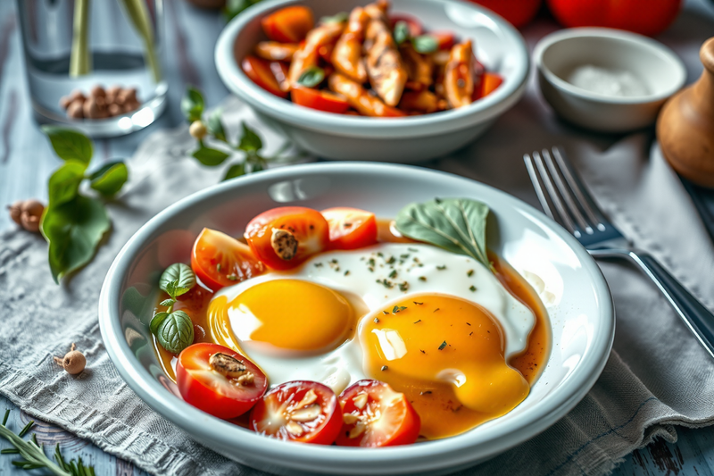 Desayunos keto con huevos servidos en un plato con tomates, acompañados de un bowl con verduras salteadas