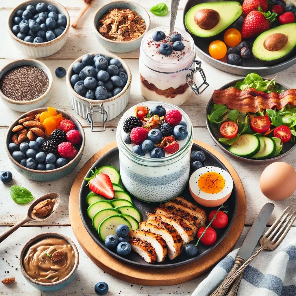 Desayunos keto sin huevo sobre mesa de madera clara, con pudín de chía, parfait de yogurt, mantequilla de almendras con bayas, sartén de pollo con vegetales y ensalada de aguacate con beicon, en estilo minimalista y luz natural.
