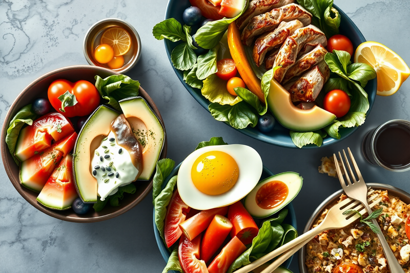 Desayunos nutritivos en varios bowls con huevos, aguacate, zanahorias, lechuga decorados con rodajas de limón