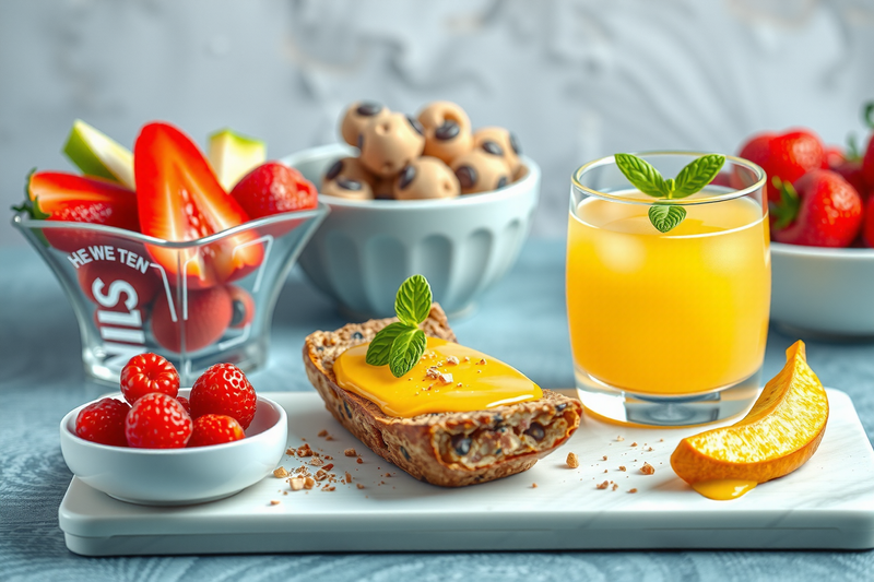 Recetas de desayunos saludables sobre una bandeja blanca con jugo de frutas, tostadas y un cuenco con fresas, arándanos y pera