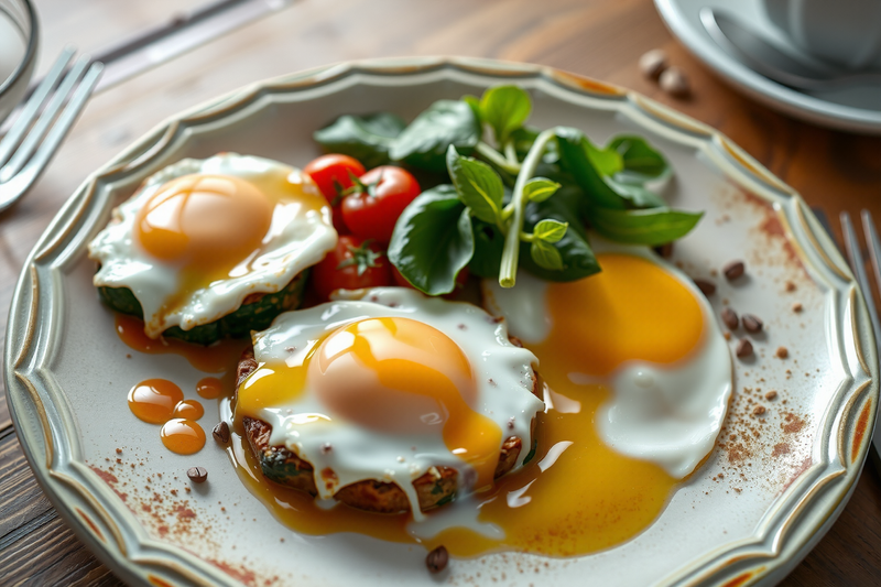 desayunos saludables con huevo servidos sobre un plato espolvoreado de pimienta y decorado con hojas aromáticas y tomates
