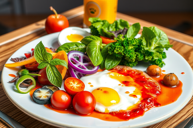 Desayunos vegetarianos servido en un plato blanco con huevo, tomates, cebolla y lechuga