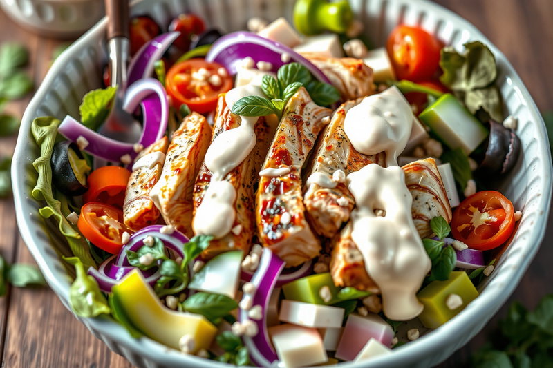 ensalada de pollo keto acompañada de verduras troceadas, hojas frescas y yogurt