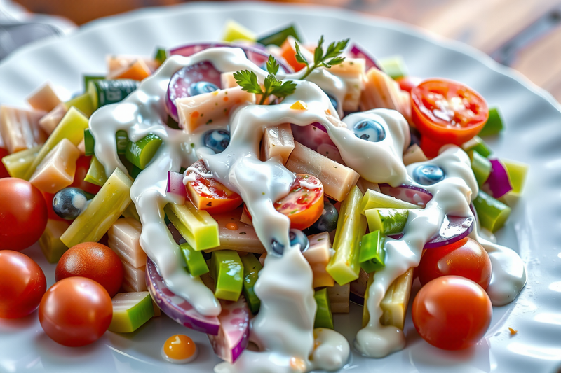 Deliciosa ensalada rusa servida sobre plato blanco decorada con yogurt y hojas aromáticas