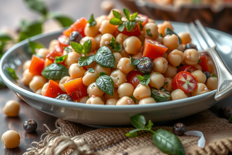 Saludable ensalada de garbanzos decorada con hojas aromáticas