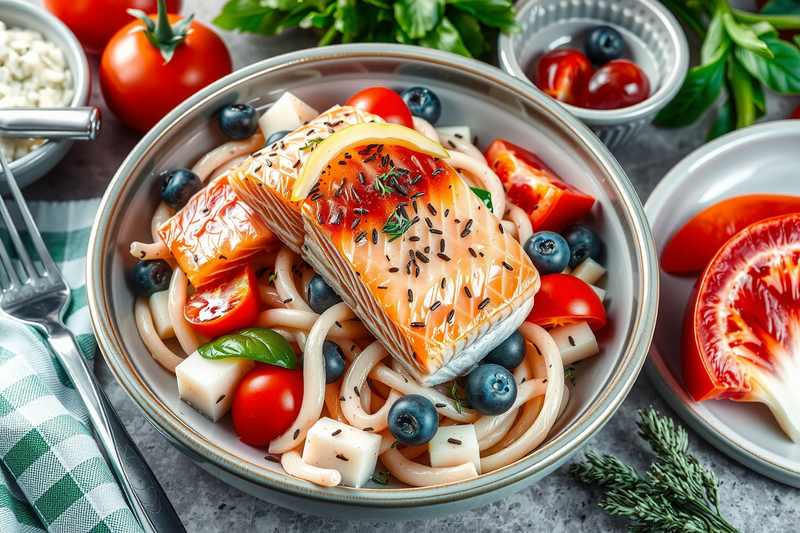 saludable ensalada de salmón decorada con arándanos y tomates
