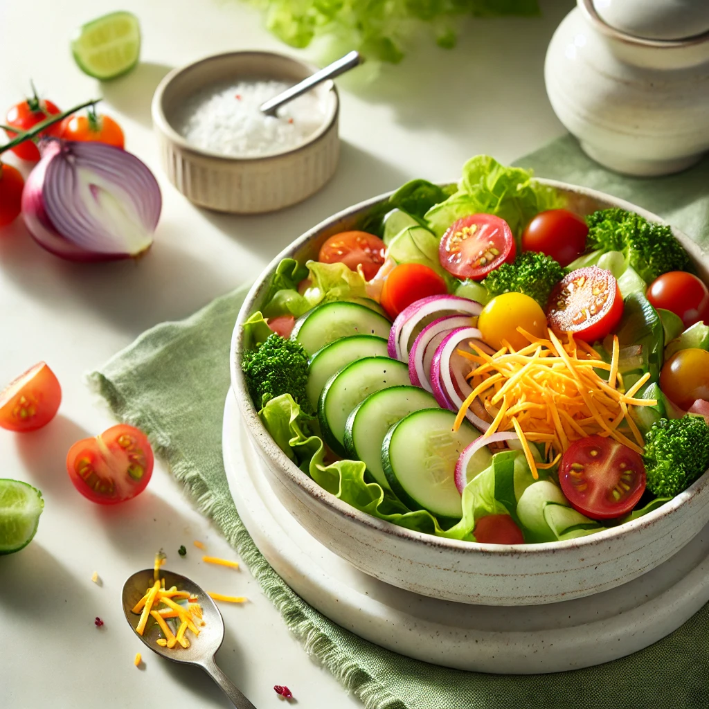 Ensaladas vegetarianas con pepino, cebolla, tomate, brócoli, lechuga y calabacín rallado .