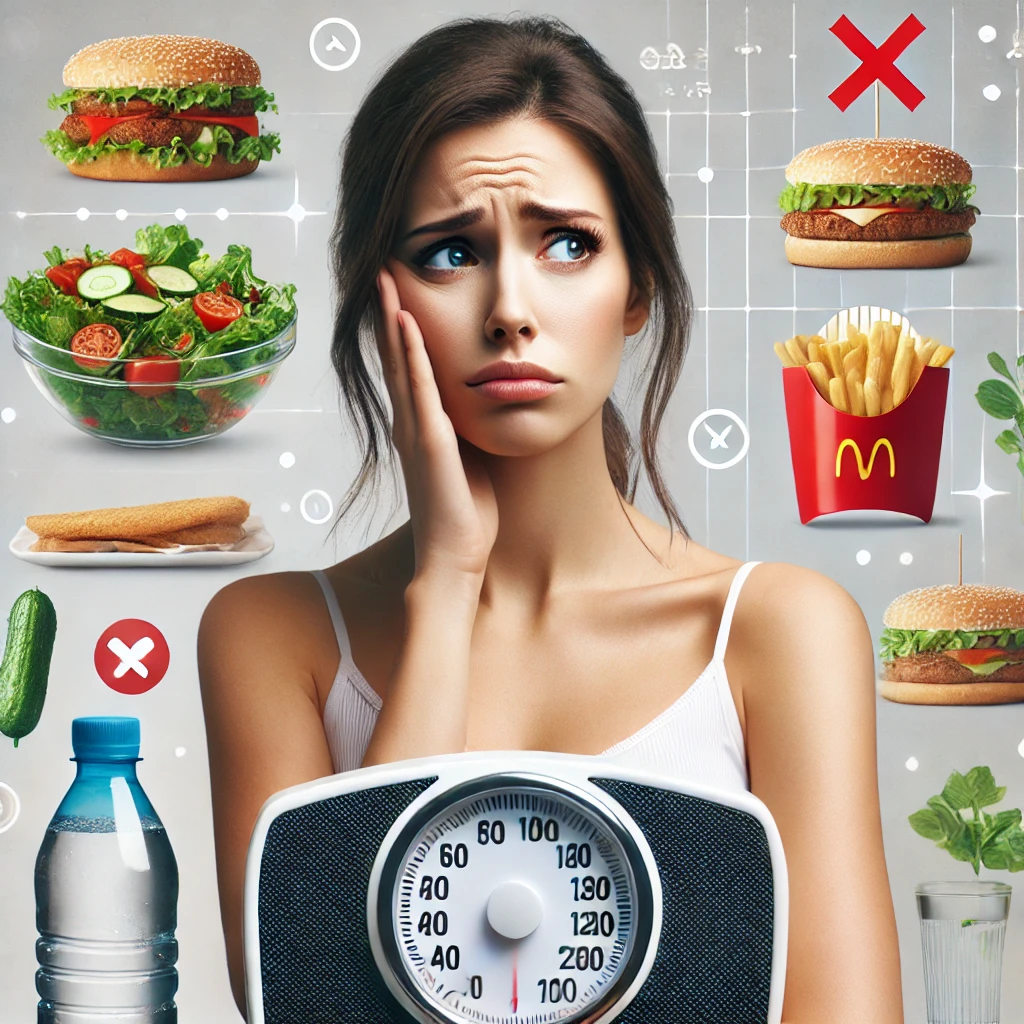 Imagen de una joven sentada frente a una mesa dividida en dos mitades: a un lado hay varias ensaladas frescas y saludables, y al otro lado comida chatarra como papas fritas y hamburguesas. Ella mira hacia la comida chatarra con expresión de indecisión, mostrando que le cuesta elegir entre lo saludable y lo poco saludable, demostrando errores al bajar de peso