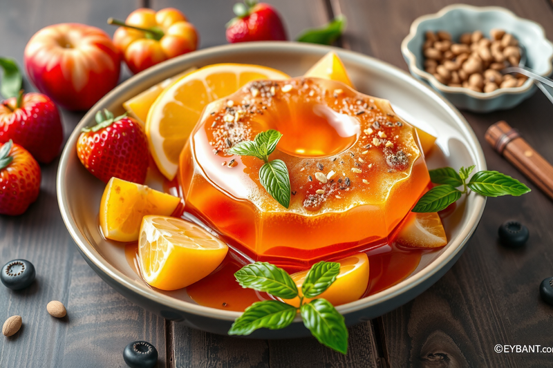 Gelatina saludable decorada con rodajas de limón y hojas aromáticas