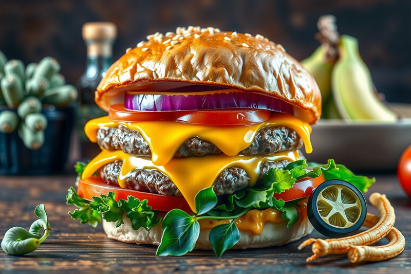 Hamburguesa fitness con queso, cebolla y tomate servida sobre una mesa de madera