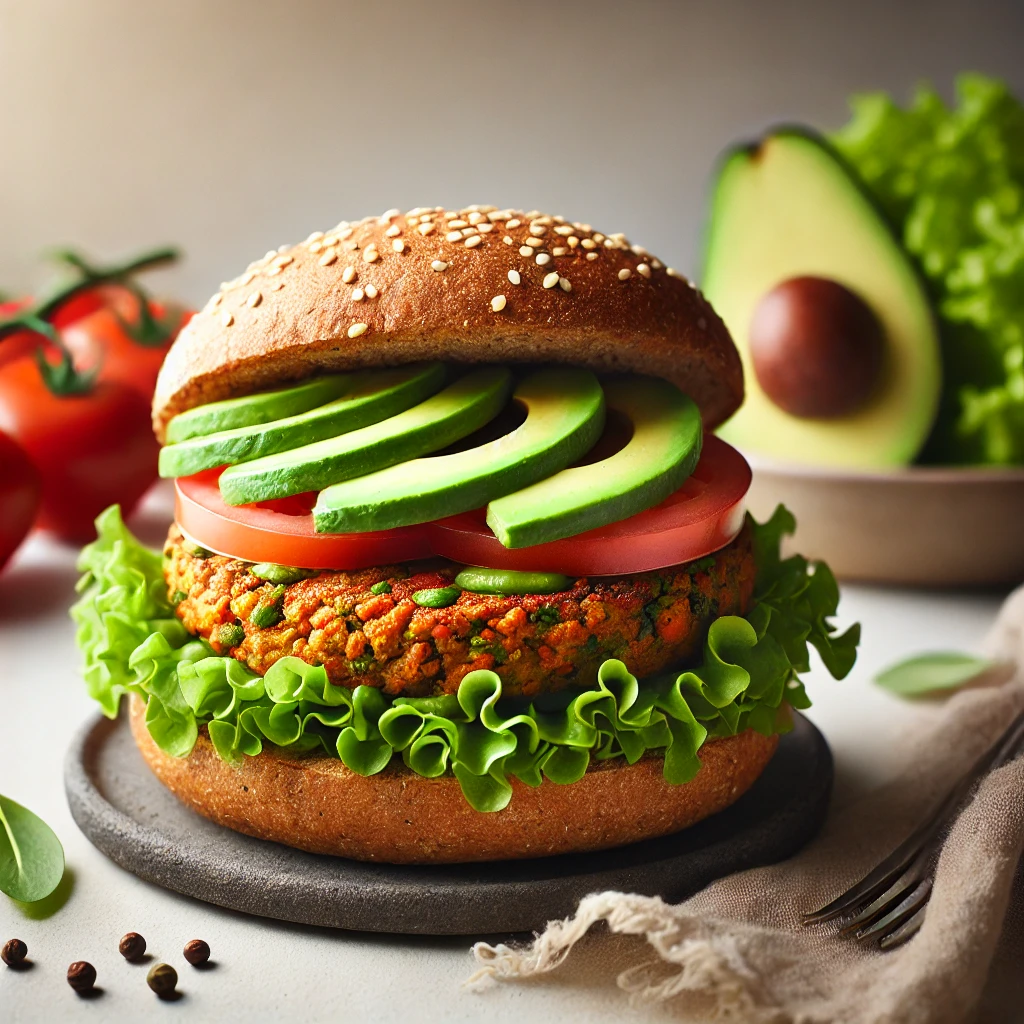 hamburguesa vegetariana acompañada de lechuga, tomates y aguacate