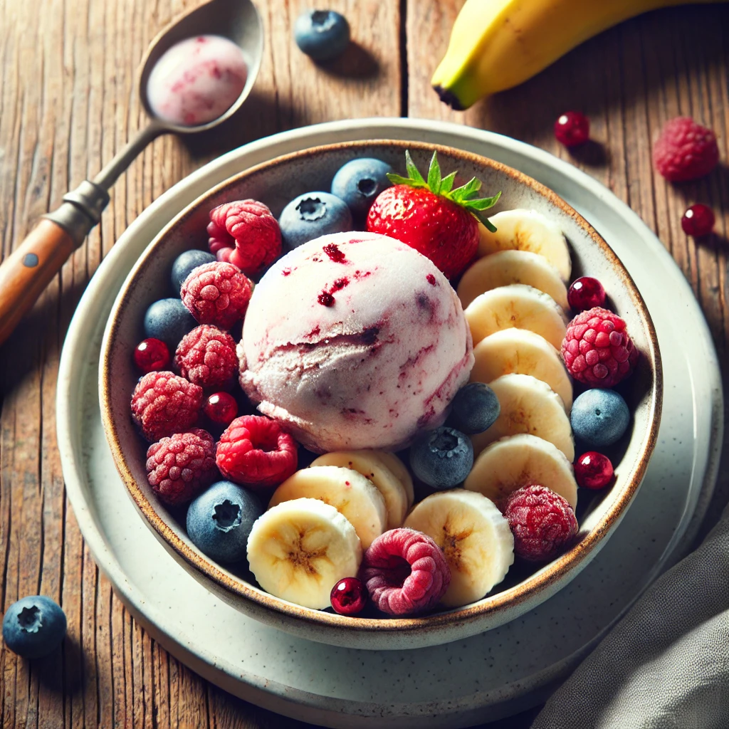 Helado saludable en un bowl con frutas frescas