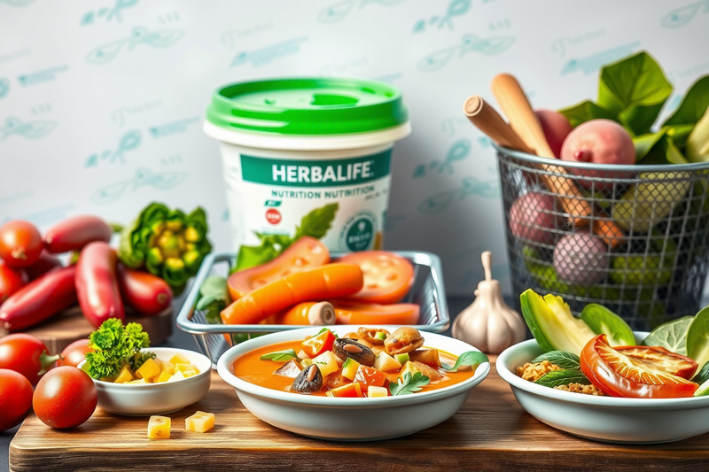 menú Herbalife para la pérdida de peso con platos de verduras, frutas frescas y caldo sobre una mesa