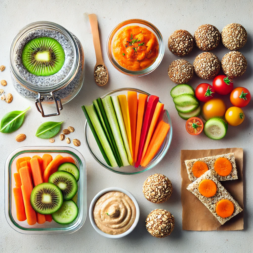 Meriendas fit: pudín de kiwi, bastones de verduras con hummus, bolas energéticas y pan saludable.