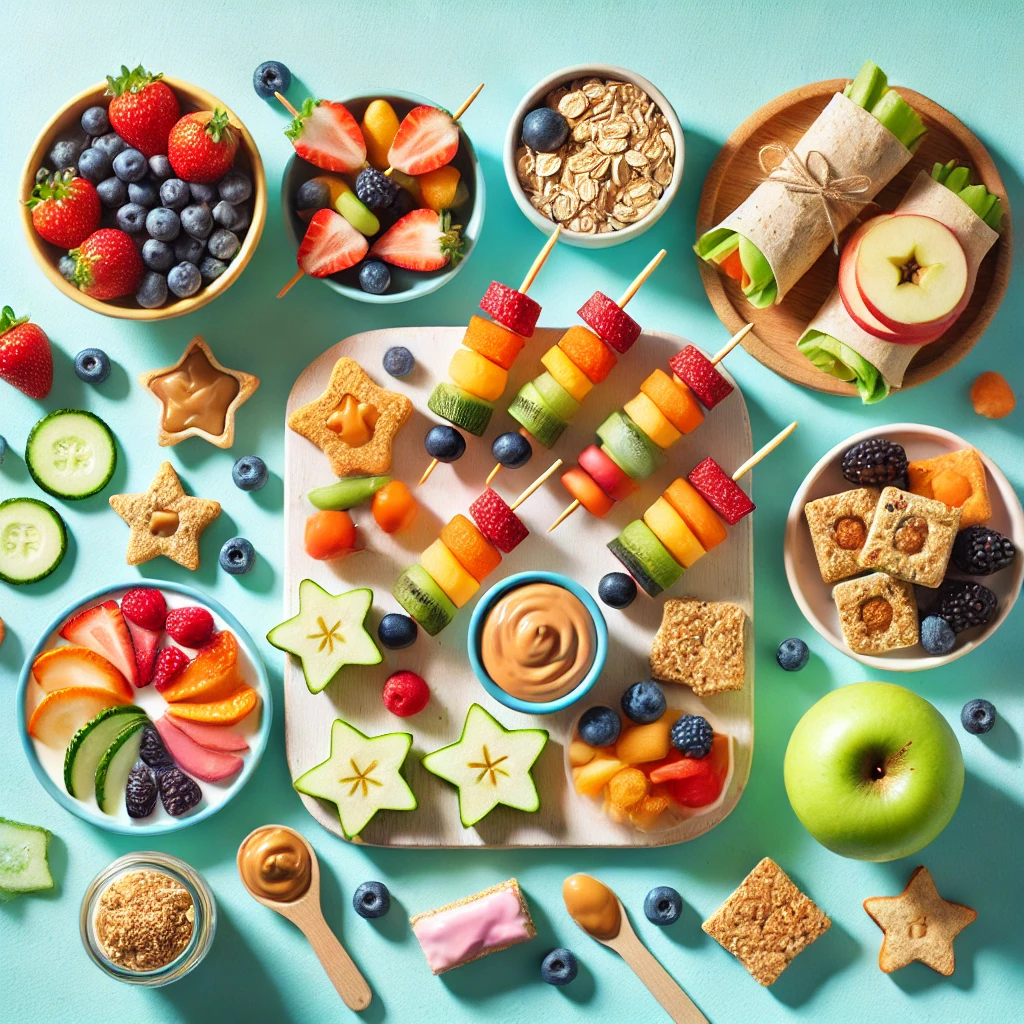 Vista superior de meriendas saludables para niños sobre un fondo pastel brillante. Incluye brochetas de frutas coloridas, wraps de vegetales, barritas de avena caseras, rodajas de manzana con mantequilla de maní, yogur con frutos rojos y vegetales en formas divertidas como estrellas, todo presentado en platos y tazones pequeños con un estilo alegre y amigable para niños.