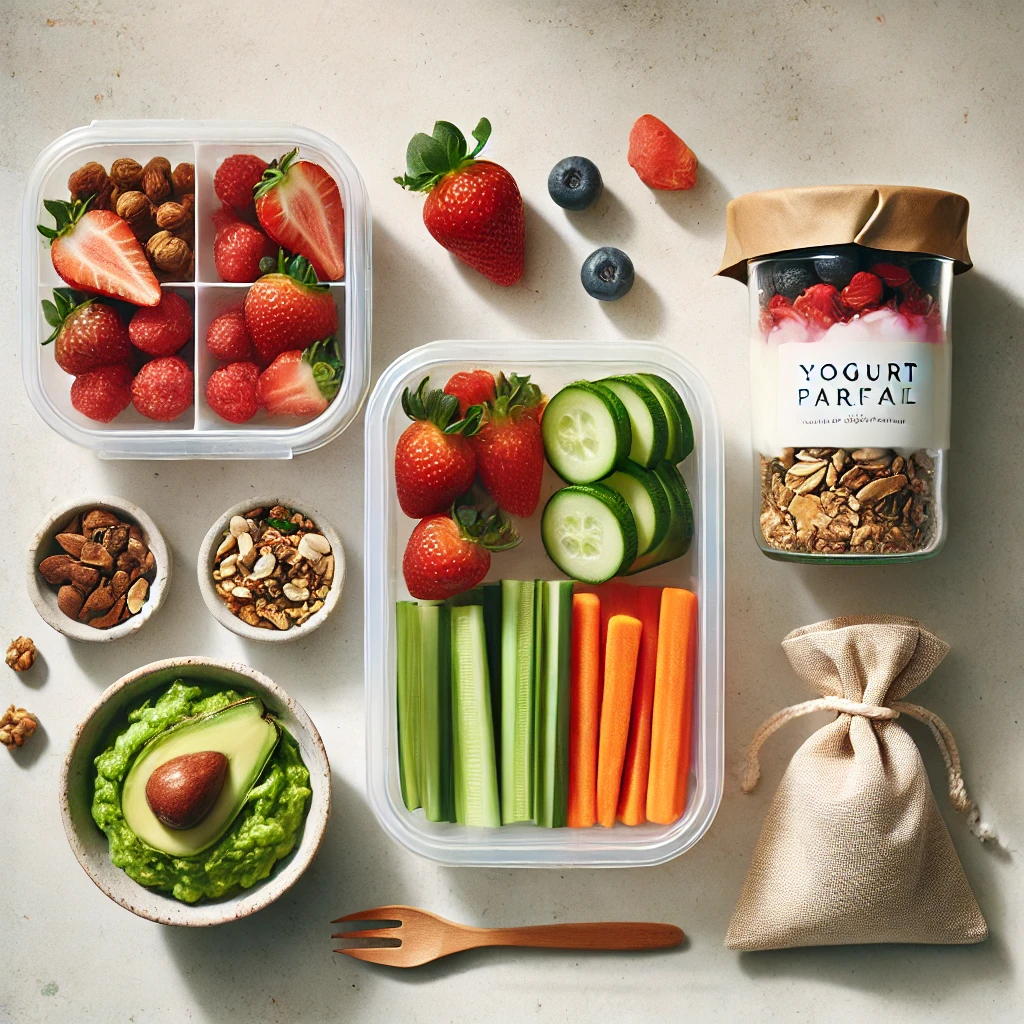 Meriendas saludables para llevar: frutas picadas, parfait de yogurt, frutos secos y guacamole con verduras.