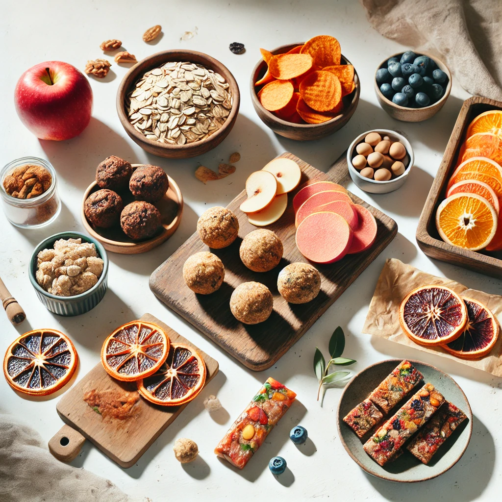 Vista superior de varias meriendas saludables sin azúcar sobre una superficie blanca, incluyendo bolitas energéticas de avena y frutos secos, chips de boniato, barritas de frutas y nueces, y rodajas de frutas frescas, presentadas en platos y tablas de madera con un estilo minimalista y natural.