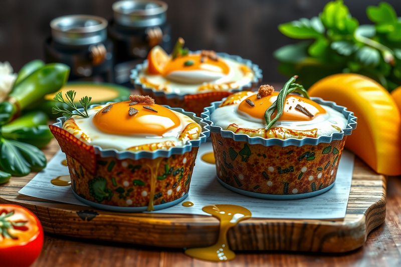Muffins de huevo servidos sobre una tabla de madera estilo rústico decorados con hojas aromáticas y verduras.