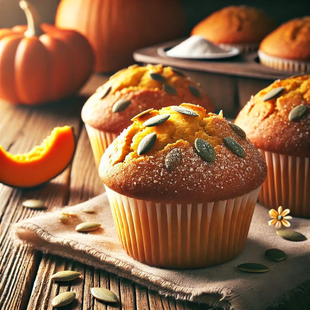 muffins de calabaza decorados con semillas de calabaza y espolvoreados