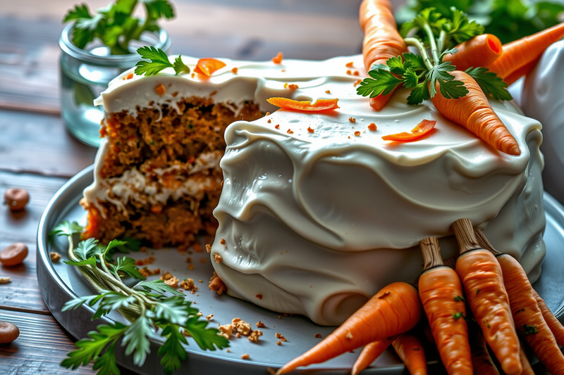 Pastel de zanahoria servido sobre una bandeja decorado con zanahorias frescas y hojas aromáticas