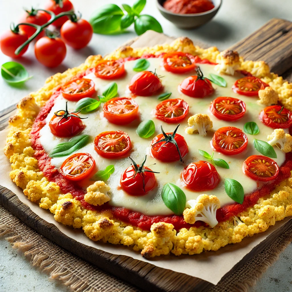 Pizza de coliflor adornada con tomates y hojas frescas