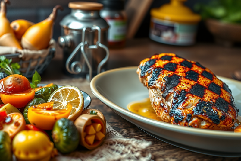 Pollo con verduras salteadas presentado con una posta dorada y rodajas de limón