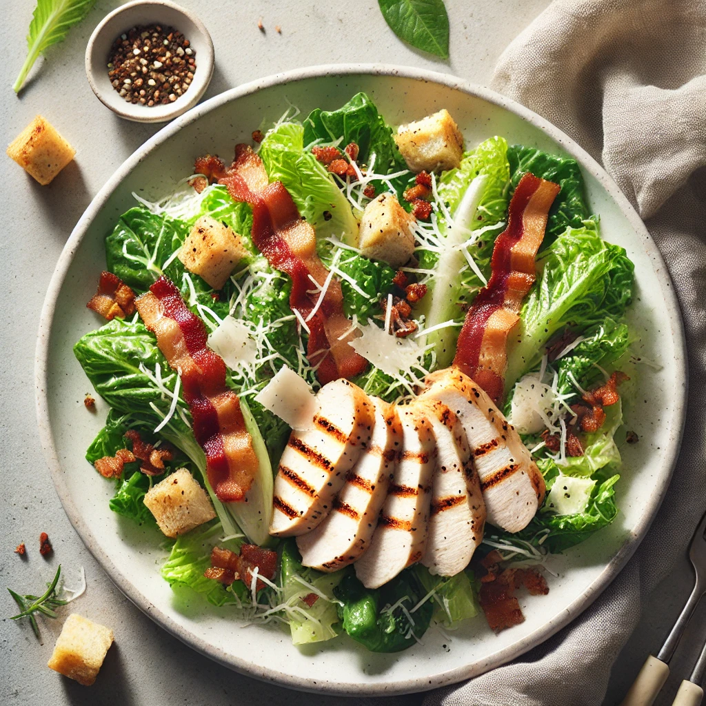 Vista superior de una receta de ensalada César keto servida en plato blanco, con lechuga romana, pechuga de pollo a la parrilla, tocino crujiente, queso parmesano en láminas y aderezo keto, sin crutones, sobre fondo neutro y con estilo limpio y apetitoso.