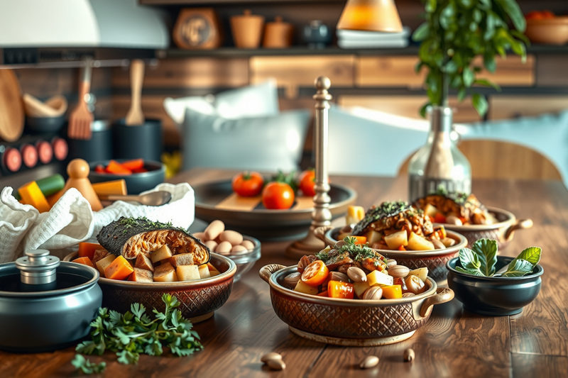 cénalas rápidas servidas en varios platos sobre una mesa de madera decorada con hojas aromáticas